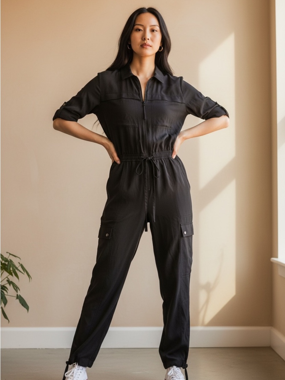 Athleta Black Zip-Front Utility Jumpsuit